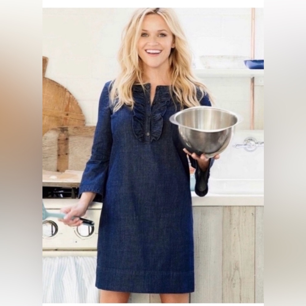 Draper James Dark Blue Denim Ruffle Sleeve Dress